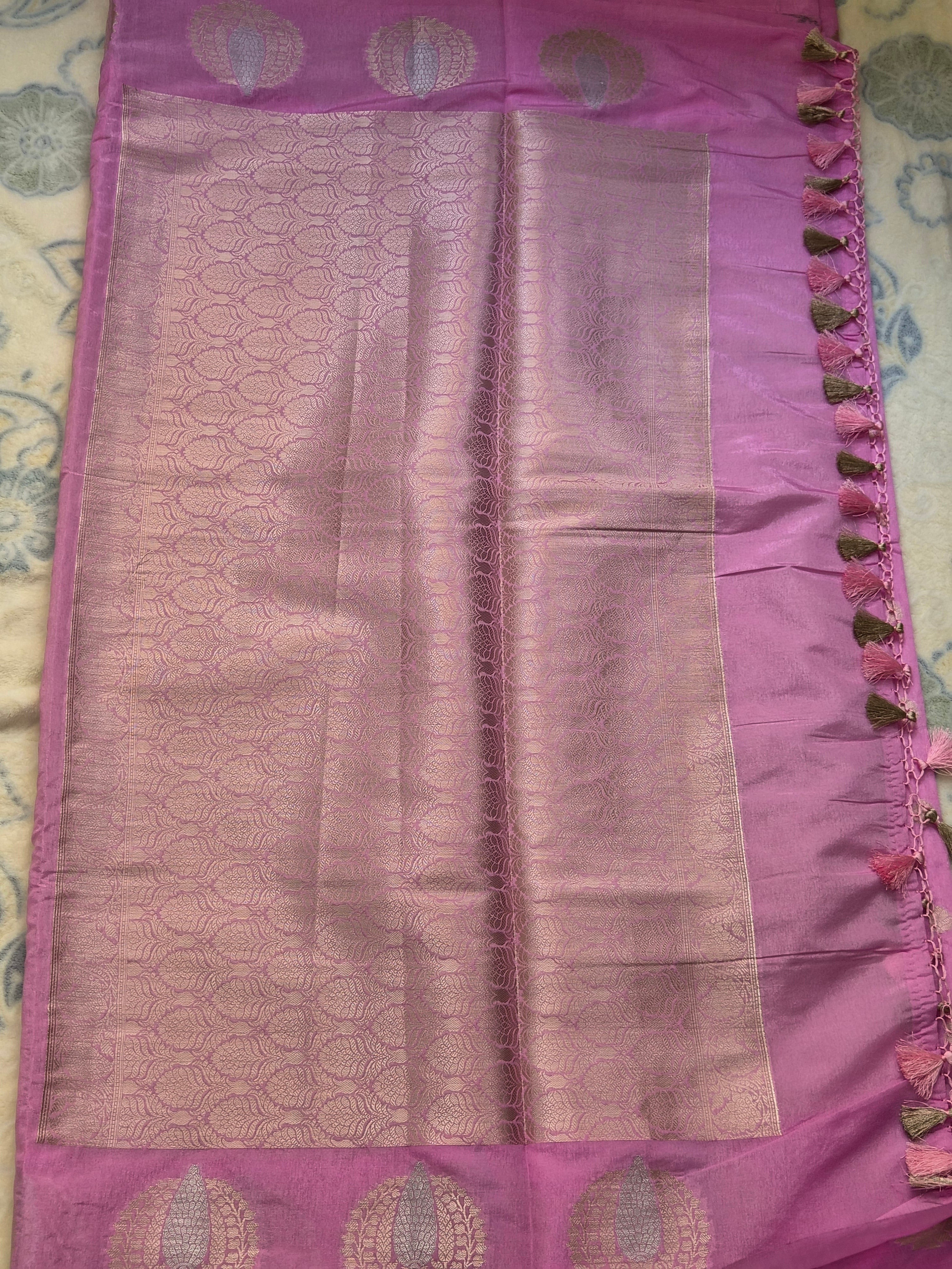 Orchid Pink Summer Silk Saree with Sona-Roopa Zari Butas & Large Paan Motif Border