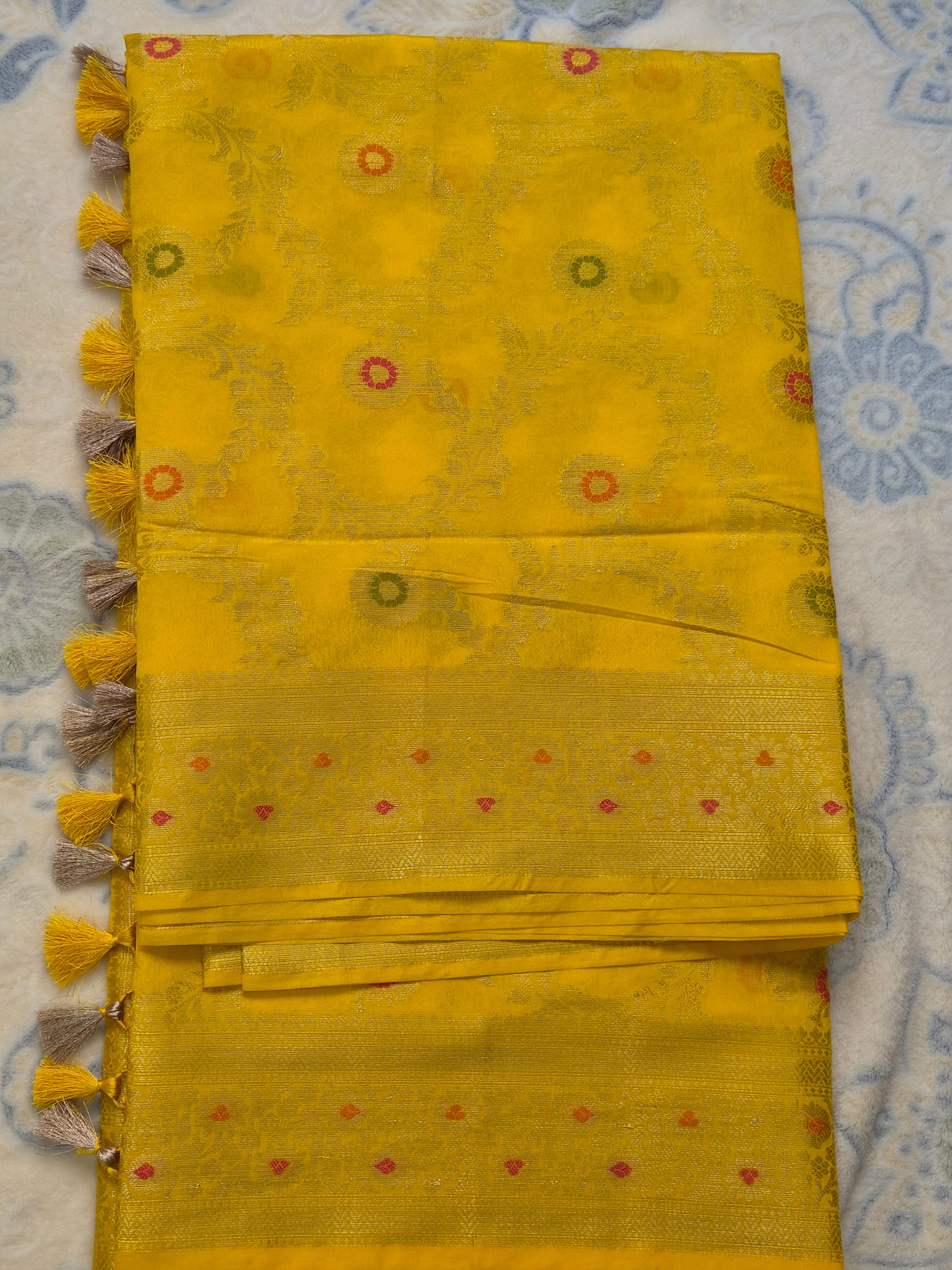 Yellow Summer Silk Saree | Gold Zari Jaal | Meenakari Butas