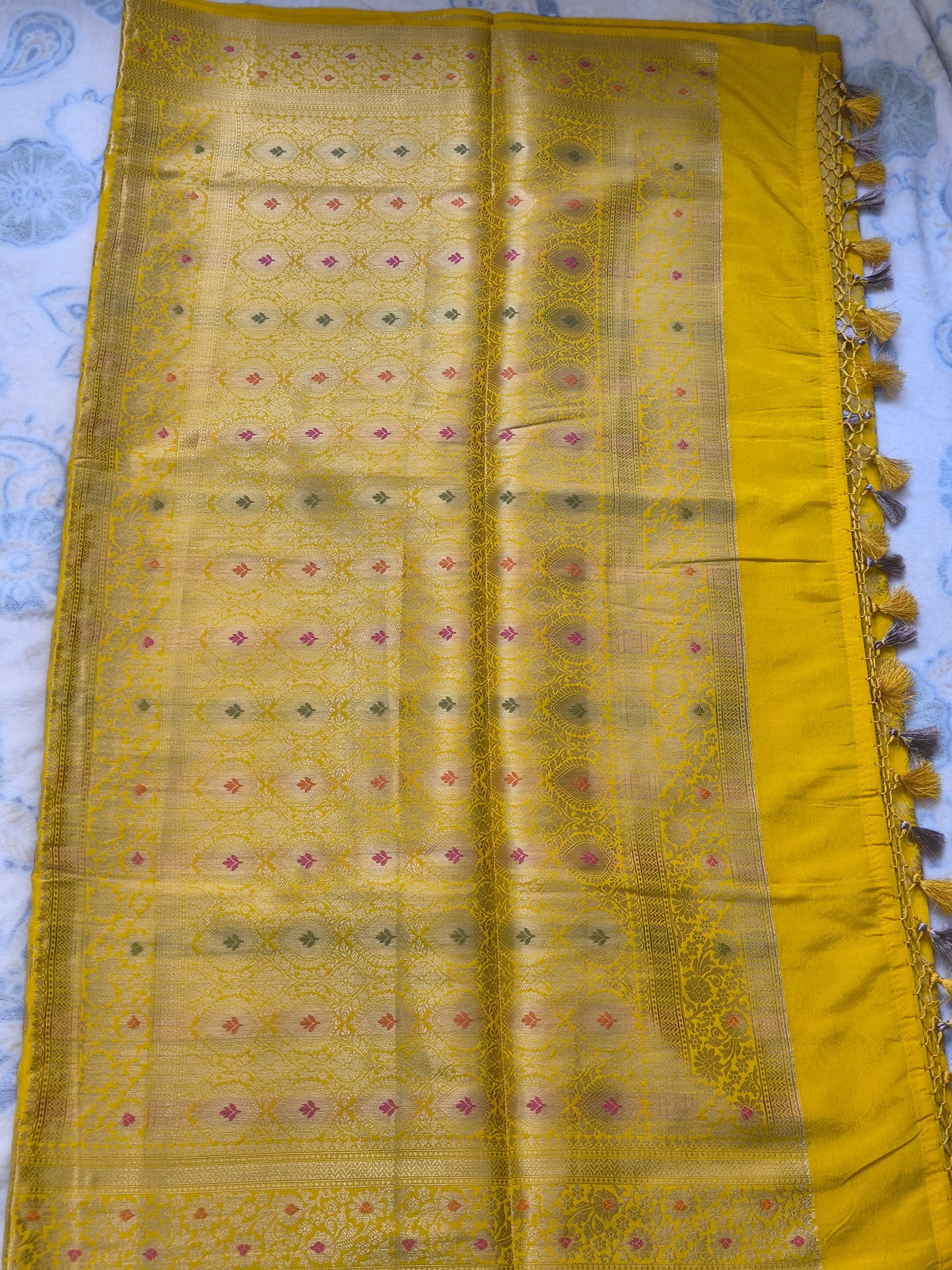 Yellow Summer Silk Saree | Gold Zari Jaal | Meenakari Butas