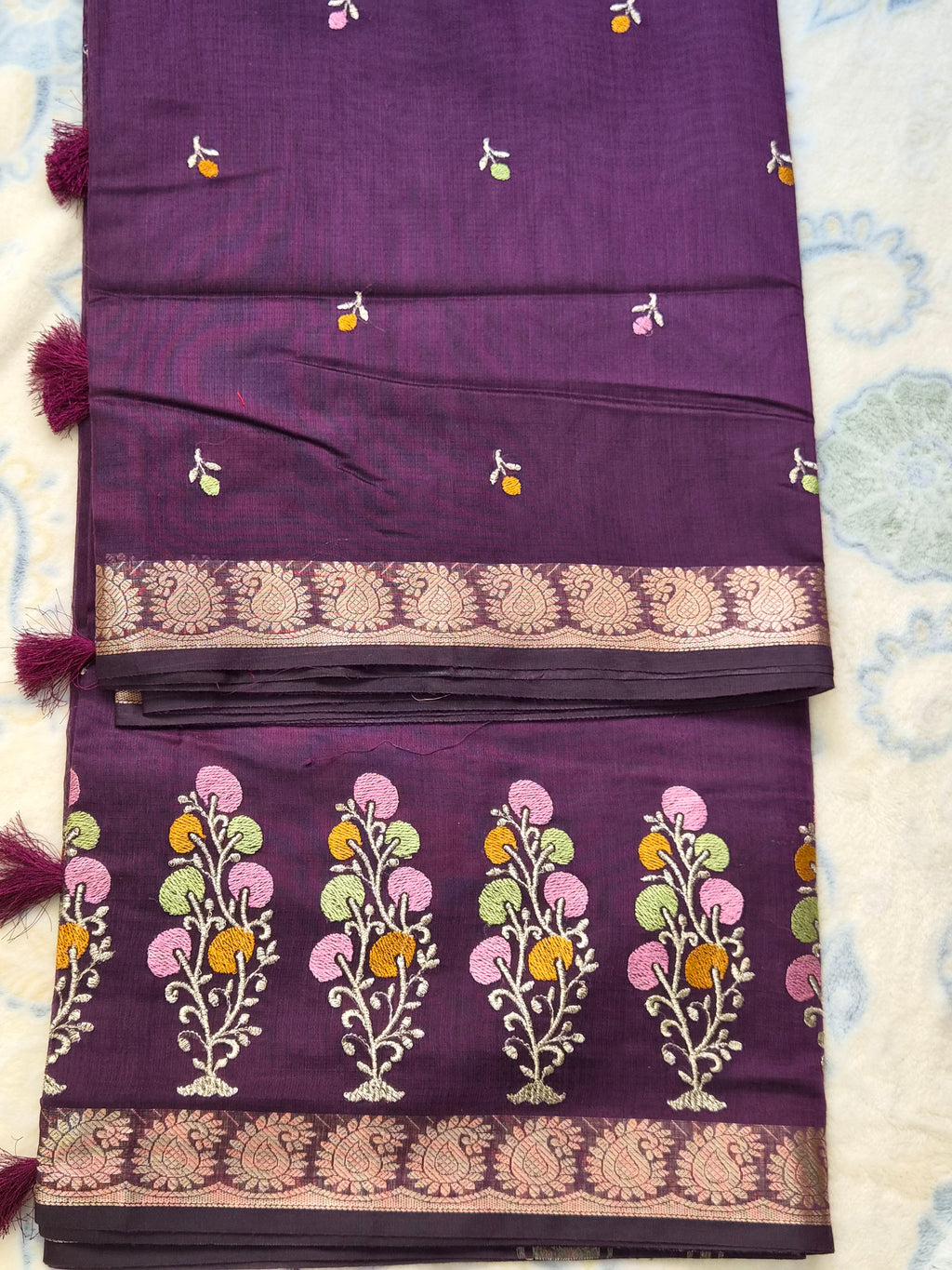 Chanderi Embroidery Saree with Multicolour Thread Embroidery & Antique Zari Border