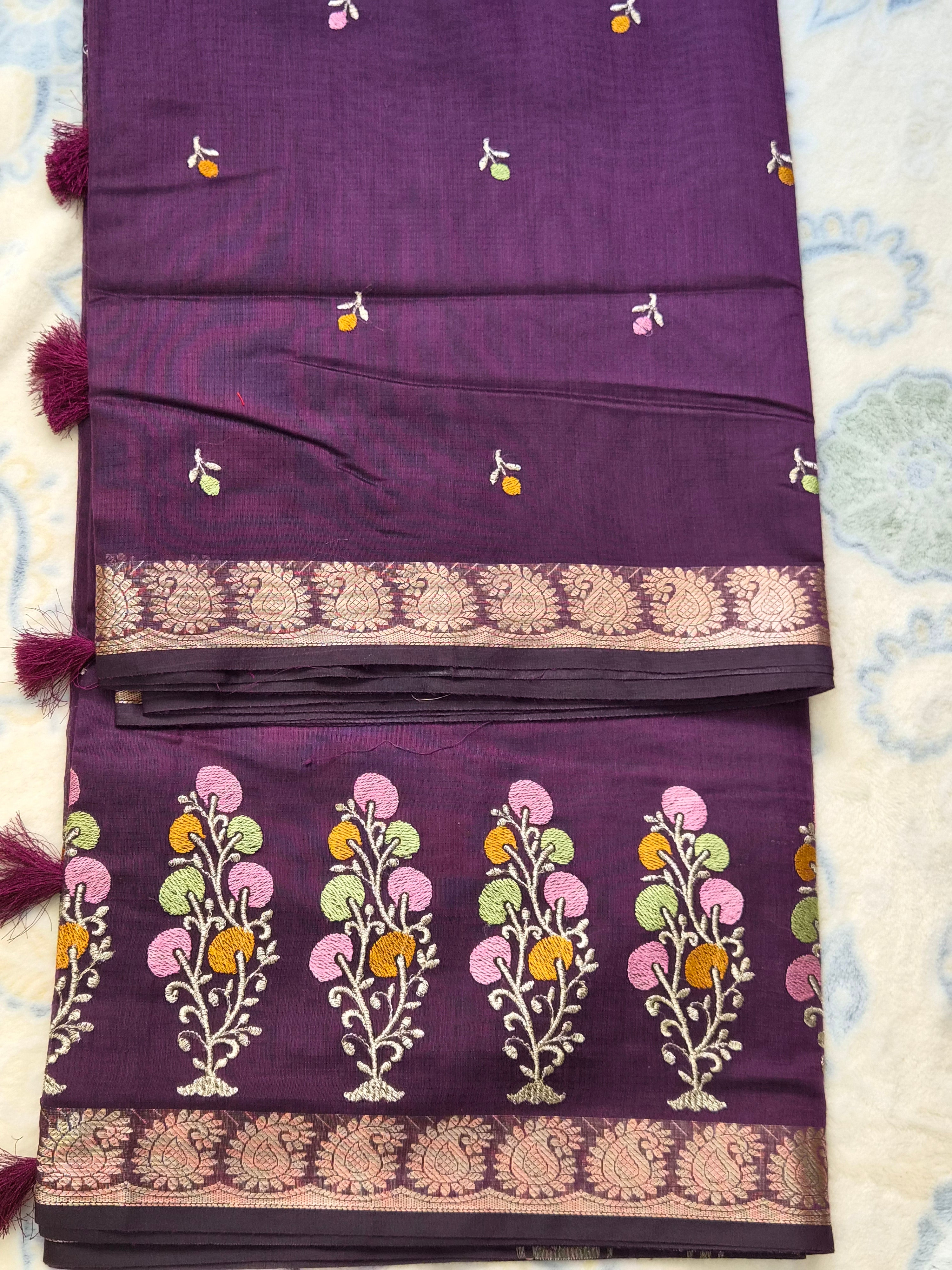 Chanderi Embroidery Saree with Multicolour Thread Embroidery & Antique Zari Border
