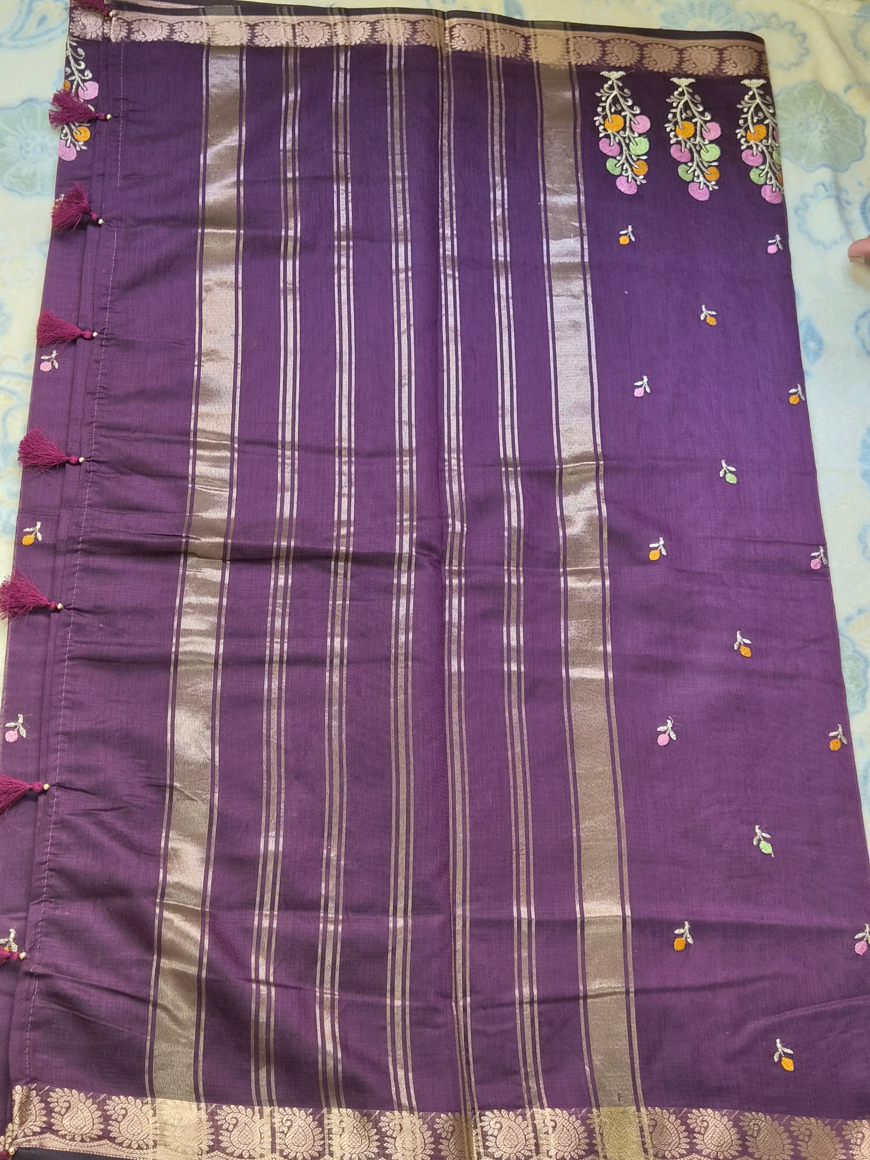 Chanderi Embroidery Saree with Multicolour Thread Embroidery & Antique Zari Border