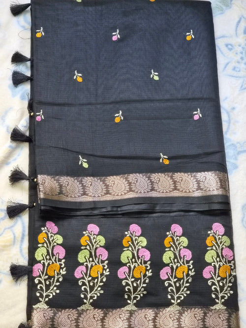 Chanderi Embroidery Saree with Multicolour Thread Embroidery & Antique Zari Border