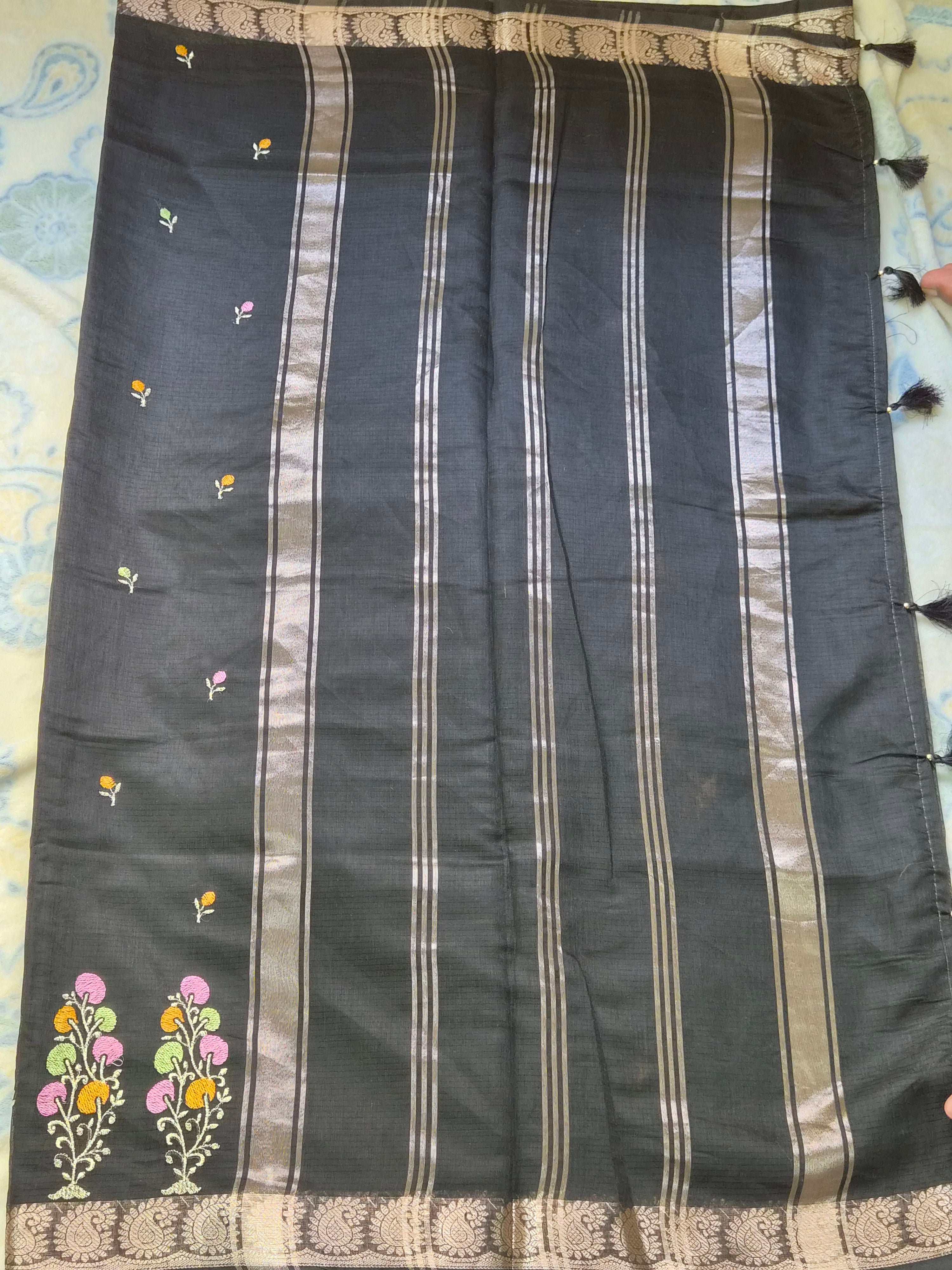 Chanderi Embroidery Saree with Multicolour Thread Embroidery & Antique Zari Border