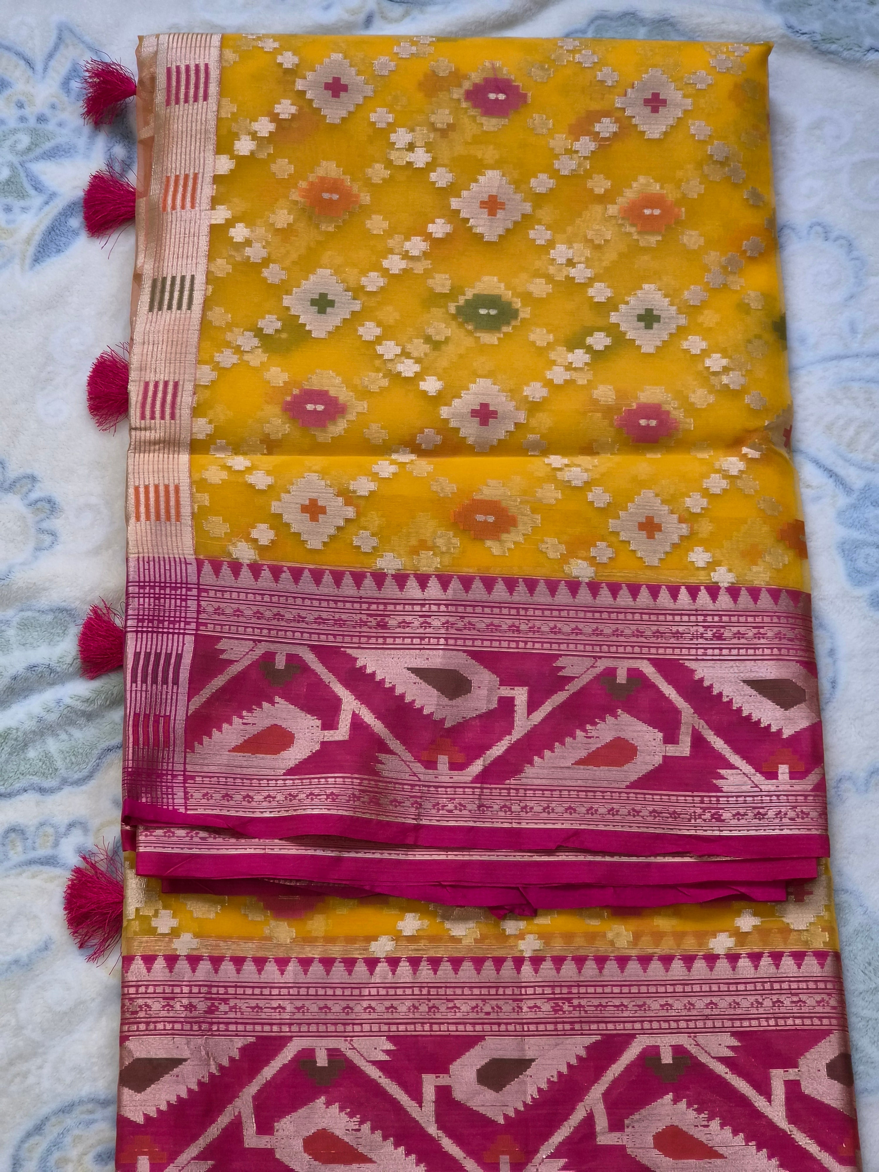 Jamdani Organza Saree with Multicolour Ikat Diamond Weave