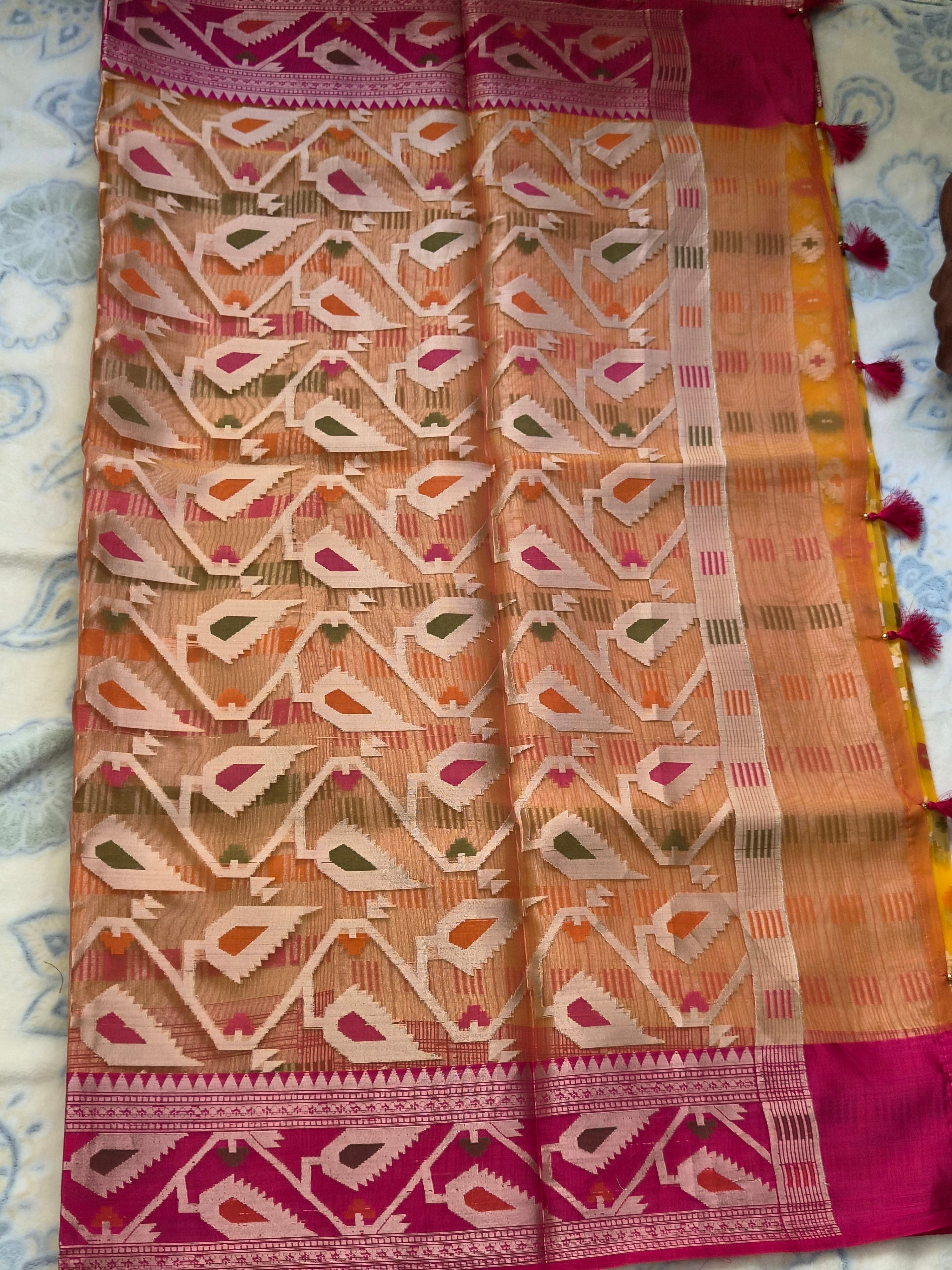 Jamdani Organza Saree with Multicolour Ikat Diamond Weave