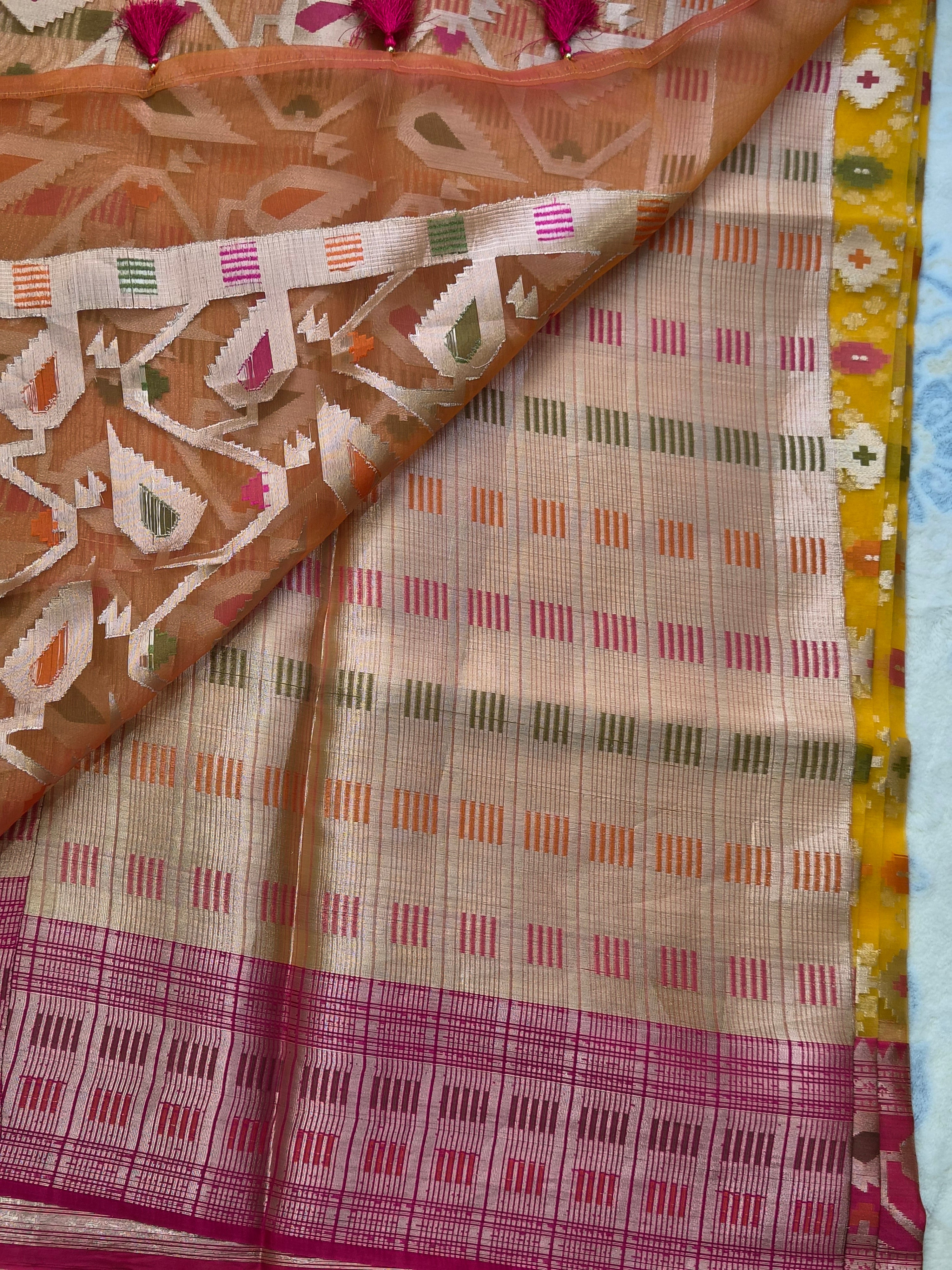 Jamdani Organza Saree with Multicolour Ikat Diamond Weave