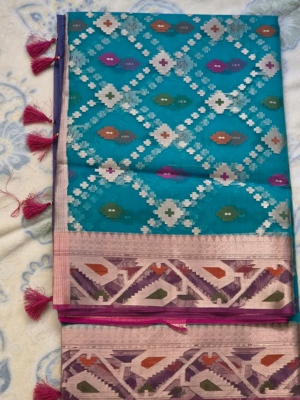 Jamdani Organza Saree with Multicolour Ikat Diamond Weave