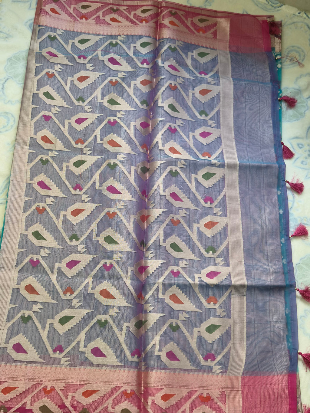 Jamdani Organza Saree with Multicolour Ikat Diamond Weave