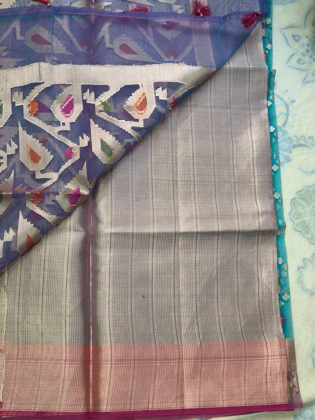 Jamdani Organza Saree with Multicolour Ikat Diamond Weave