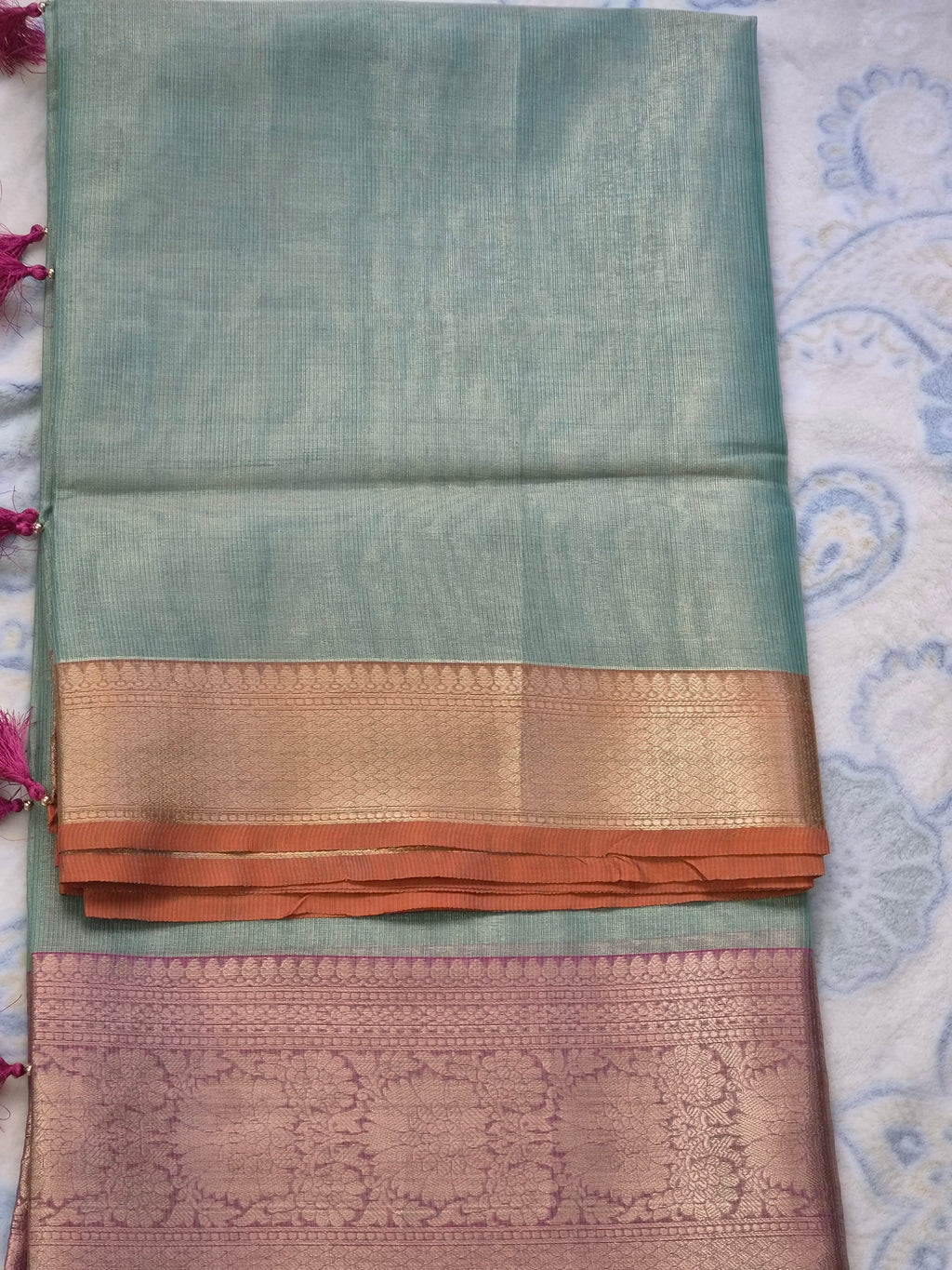 Sage Green Pure Tissue Banarasi Saree with Ganga Jamuna Border