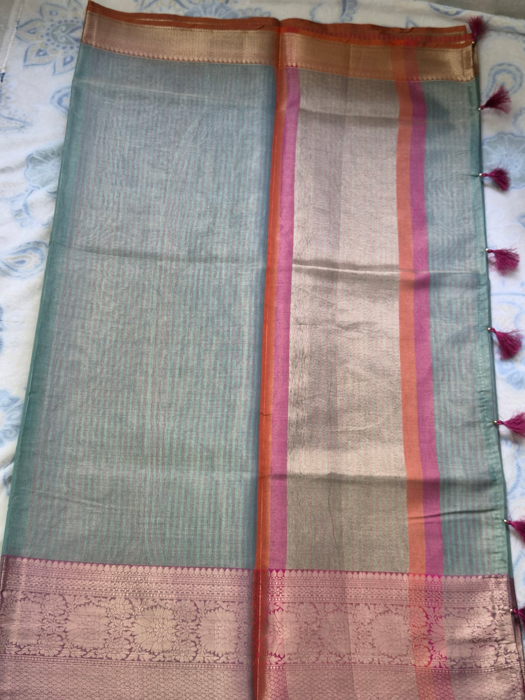 Sage Green Pure Tissue Banarasi Saree with Ganga Jamuna Border