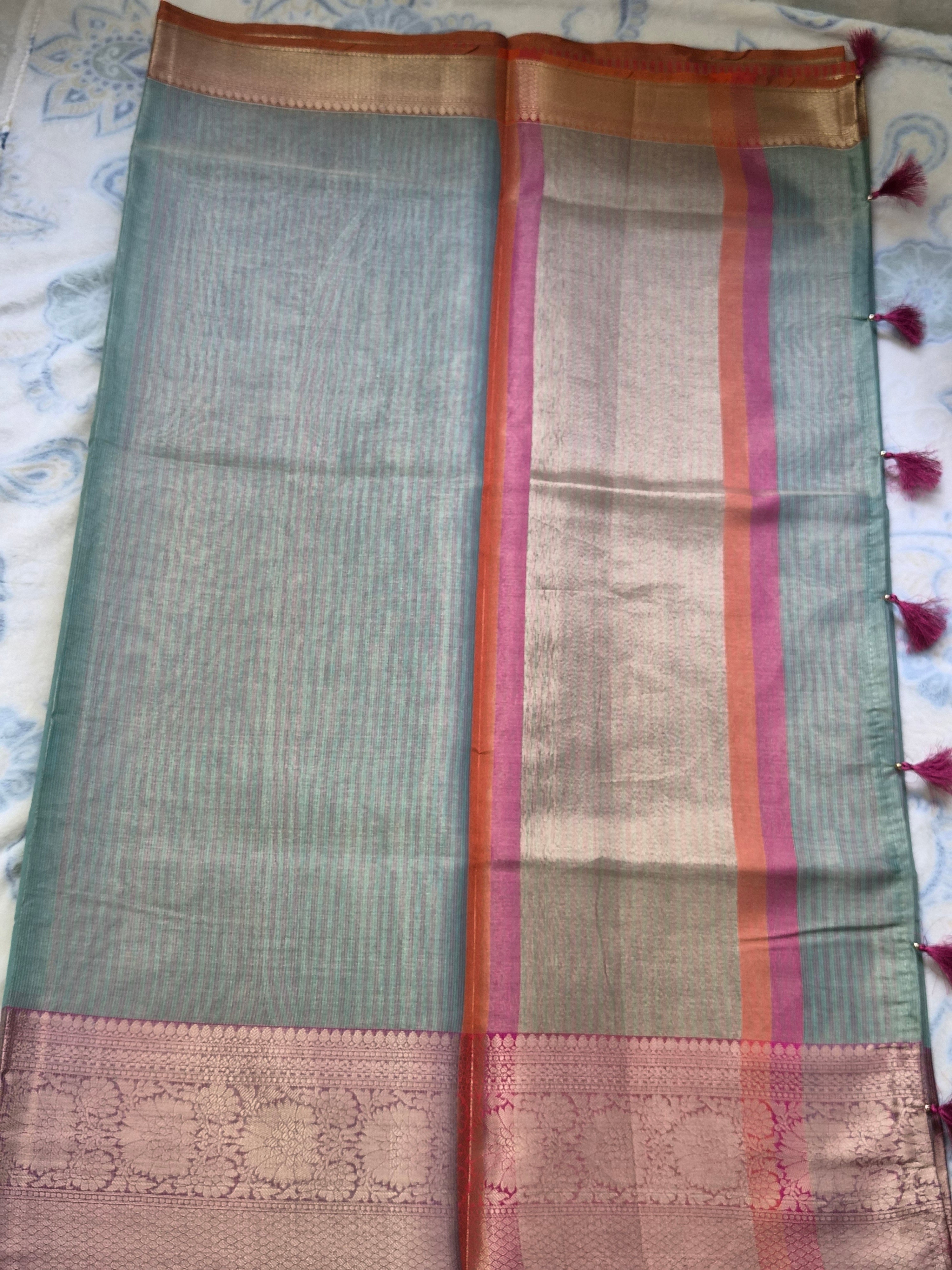 Sage Green Pure Tissue Banarasi Saree with Ganga Jamuna Border