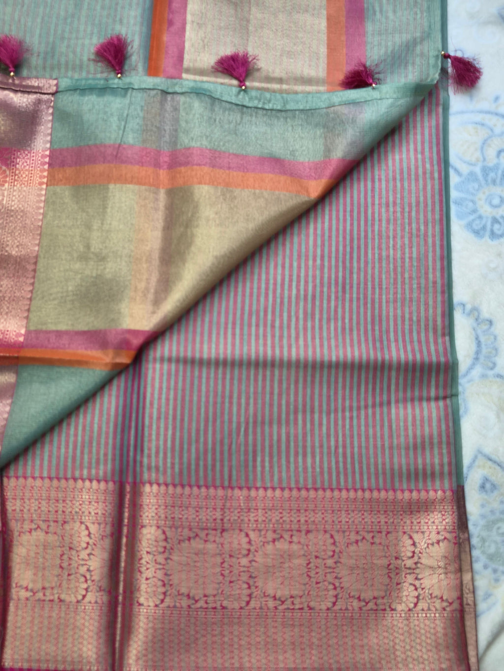 Sage Green Pure Tissue Banarasi Saree with Ganga Jamuna Border