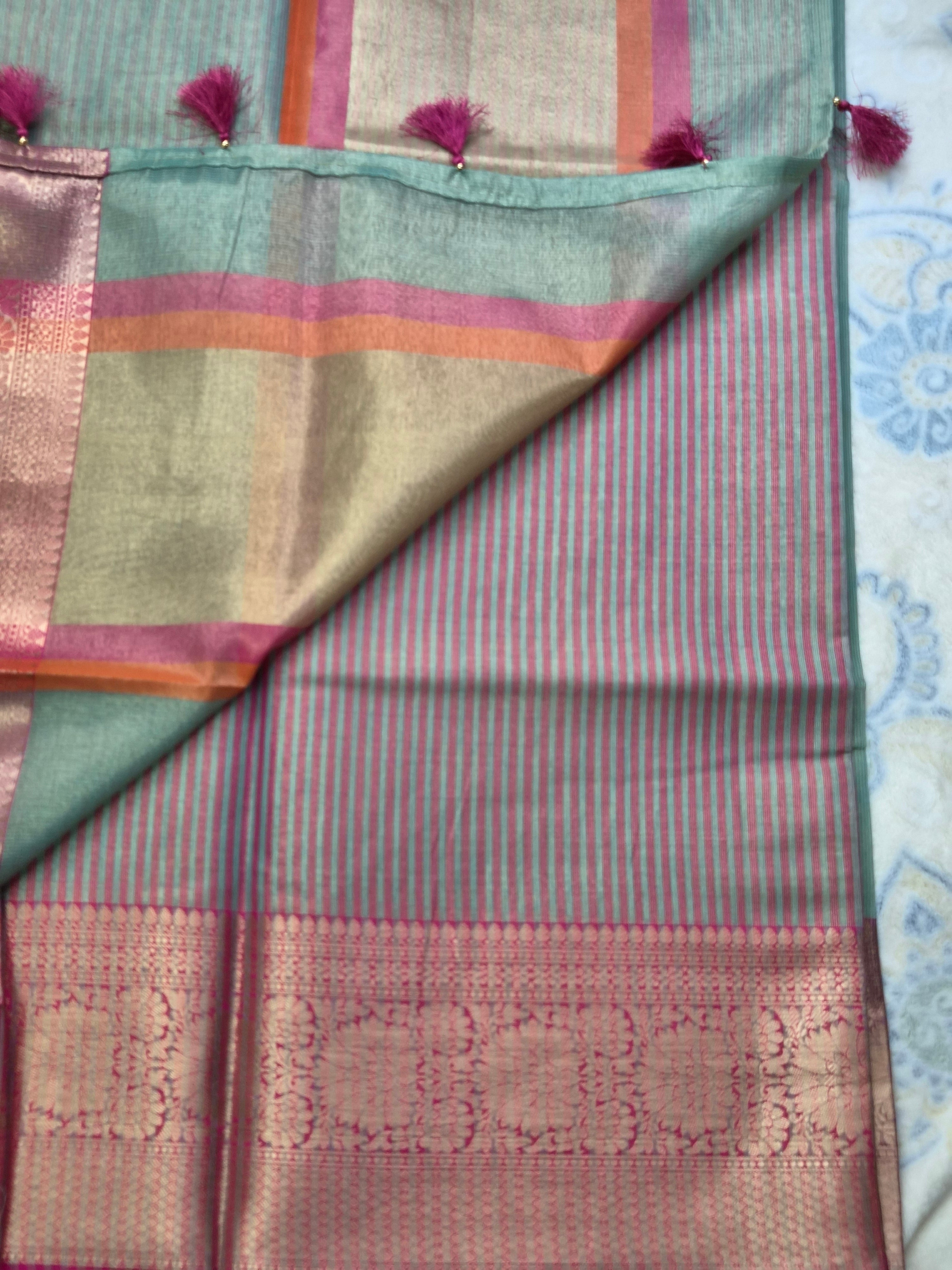 Sage Green Pure Tissue Banarasi Saree with Ganga Jamuna Border