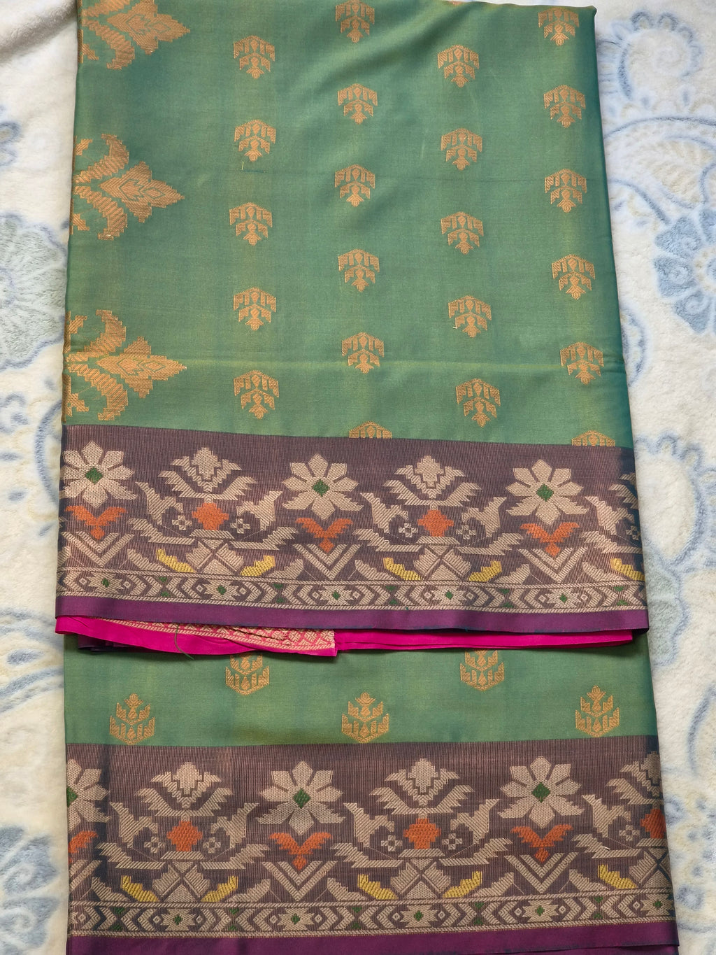 Soft Silk Saree with Jamdani Border & Gold Zari Butas