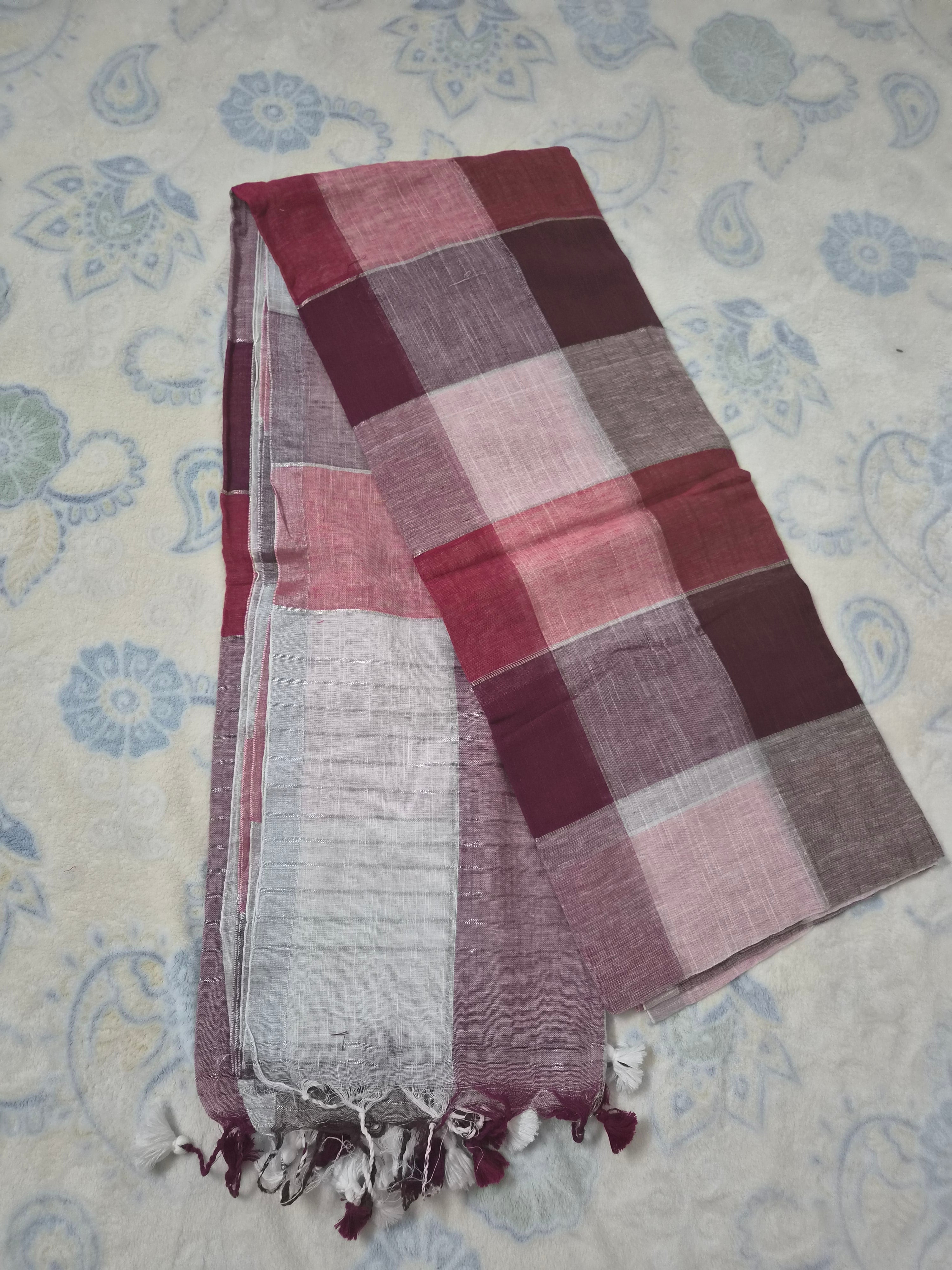 Wine & Mauve Linen Check Saree