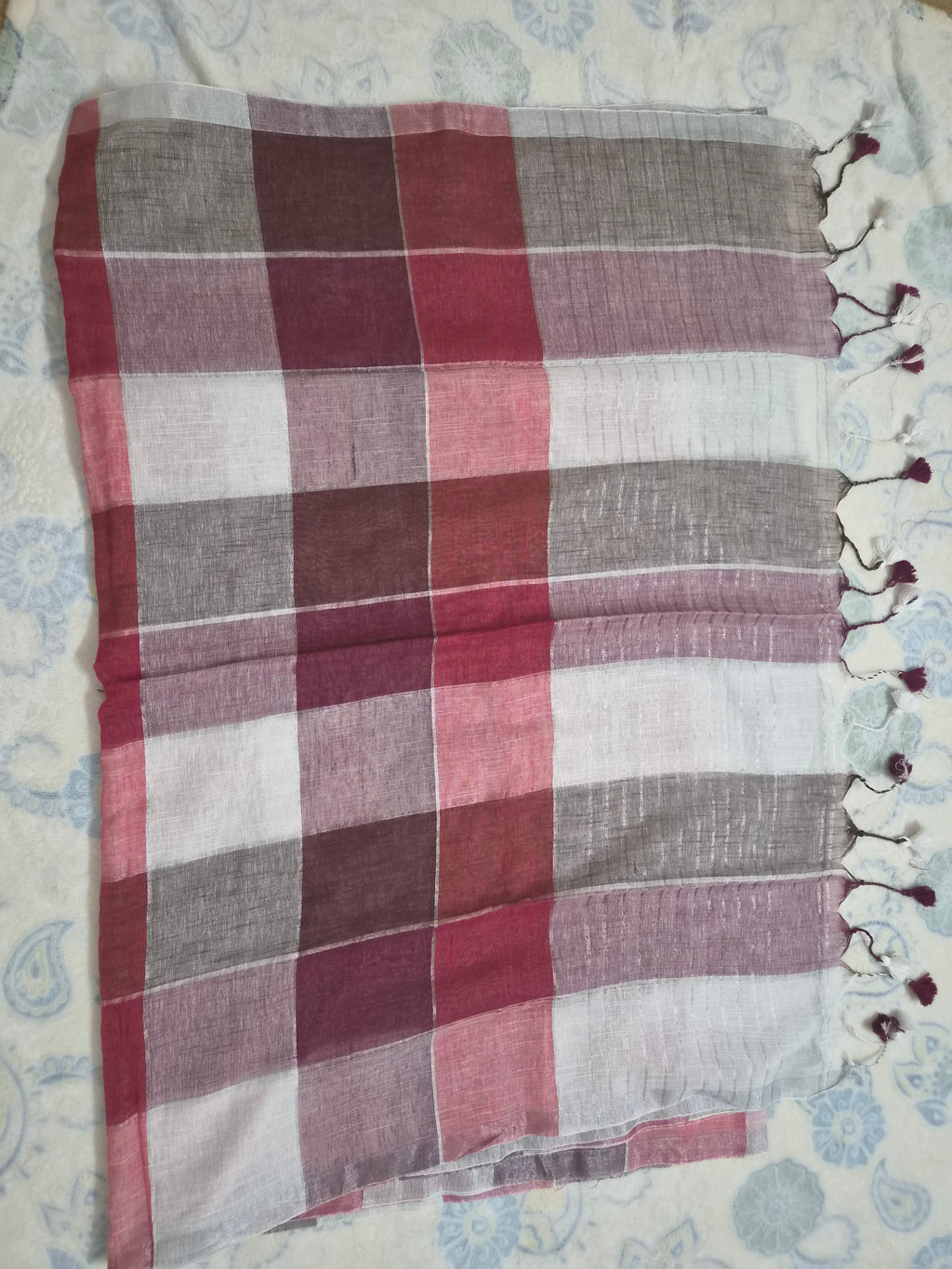 Wine & Mauve Linen Check Saree
