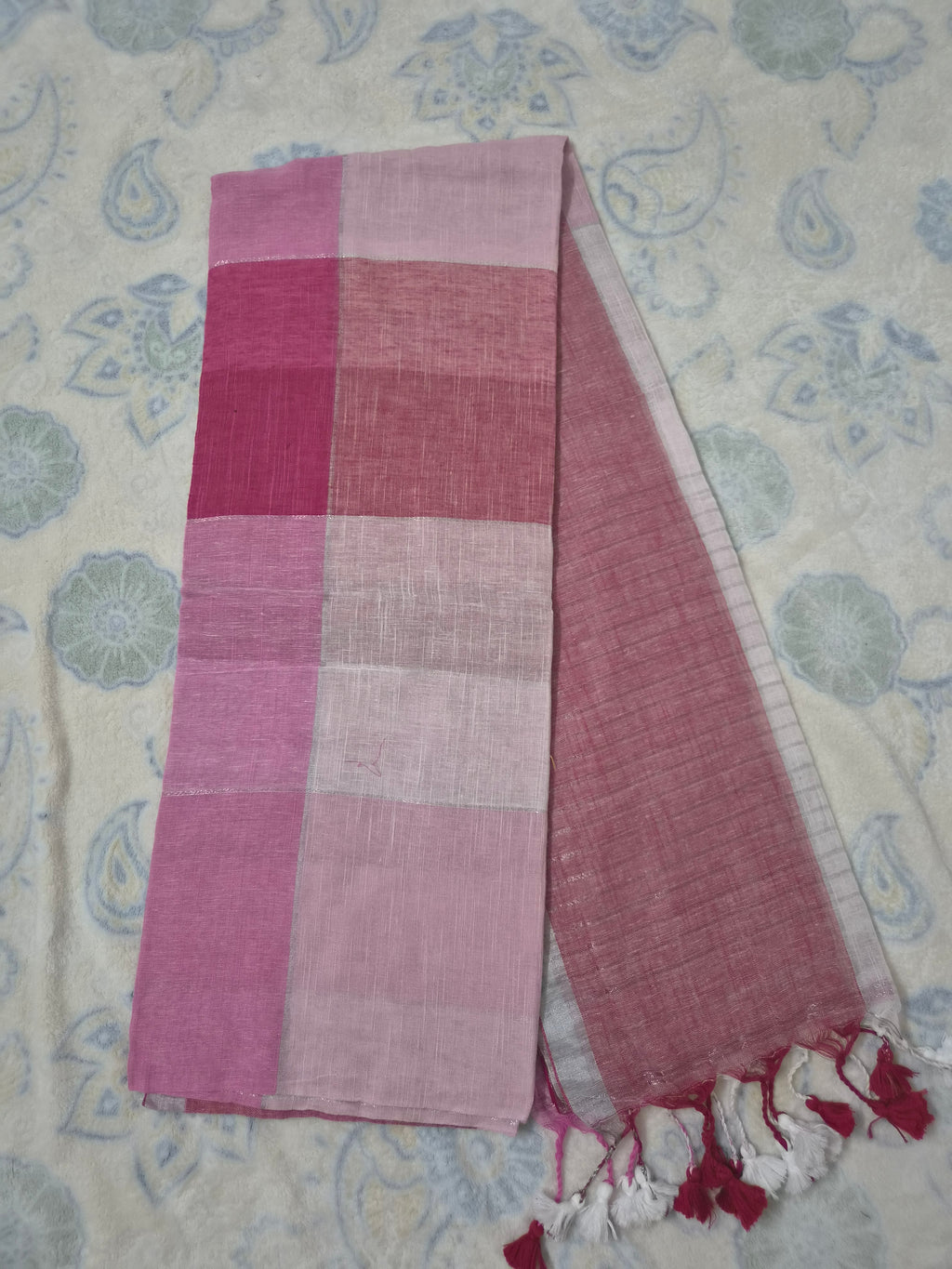 Rose Pink Ombre Linen Check Saree