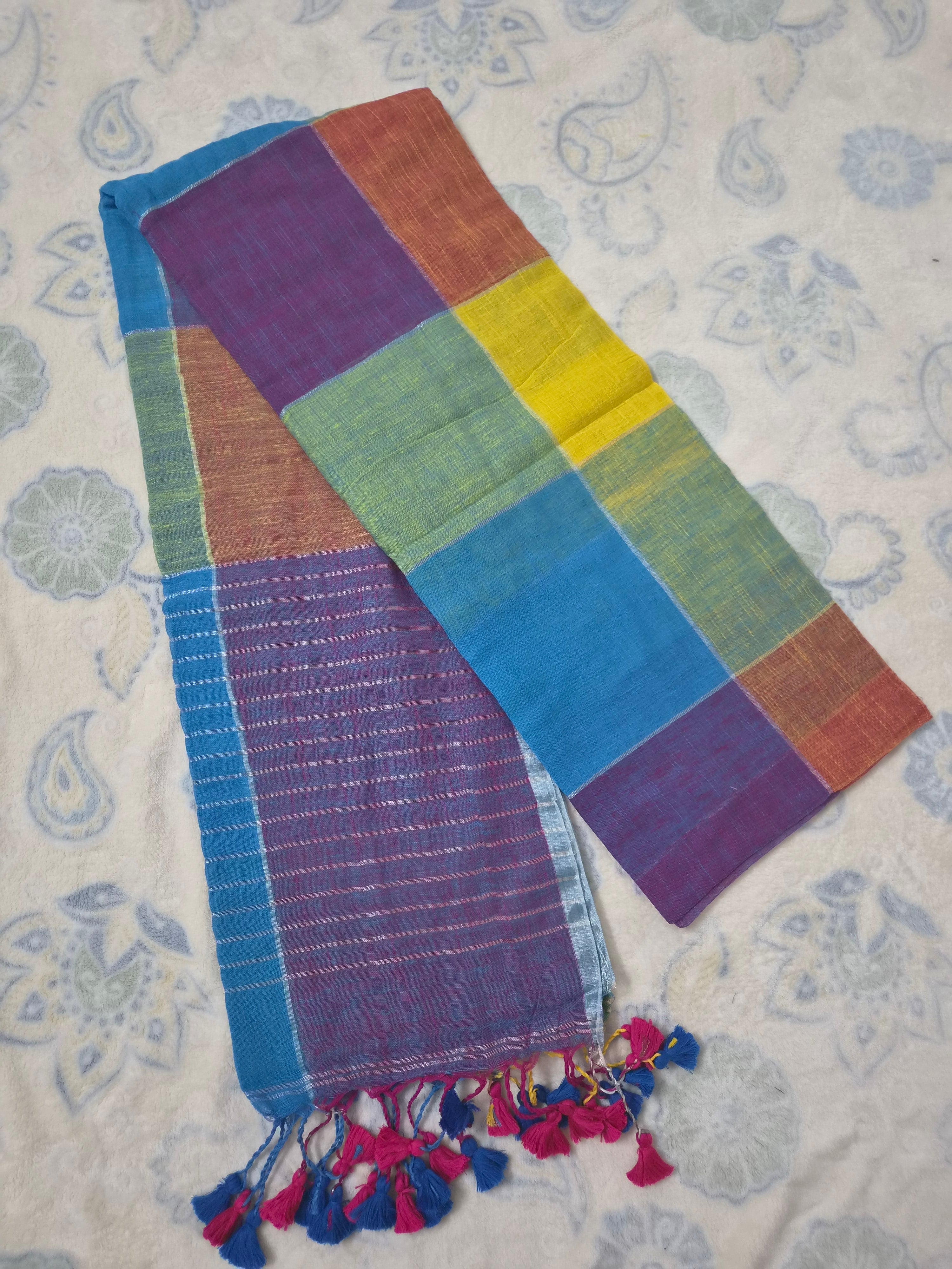 Rainbow Multi-color Linen Check Saree
