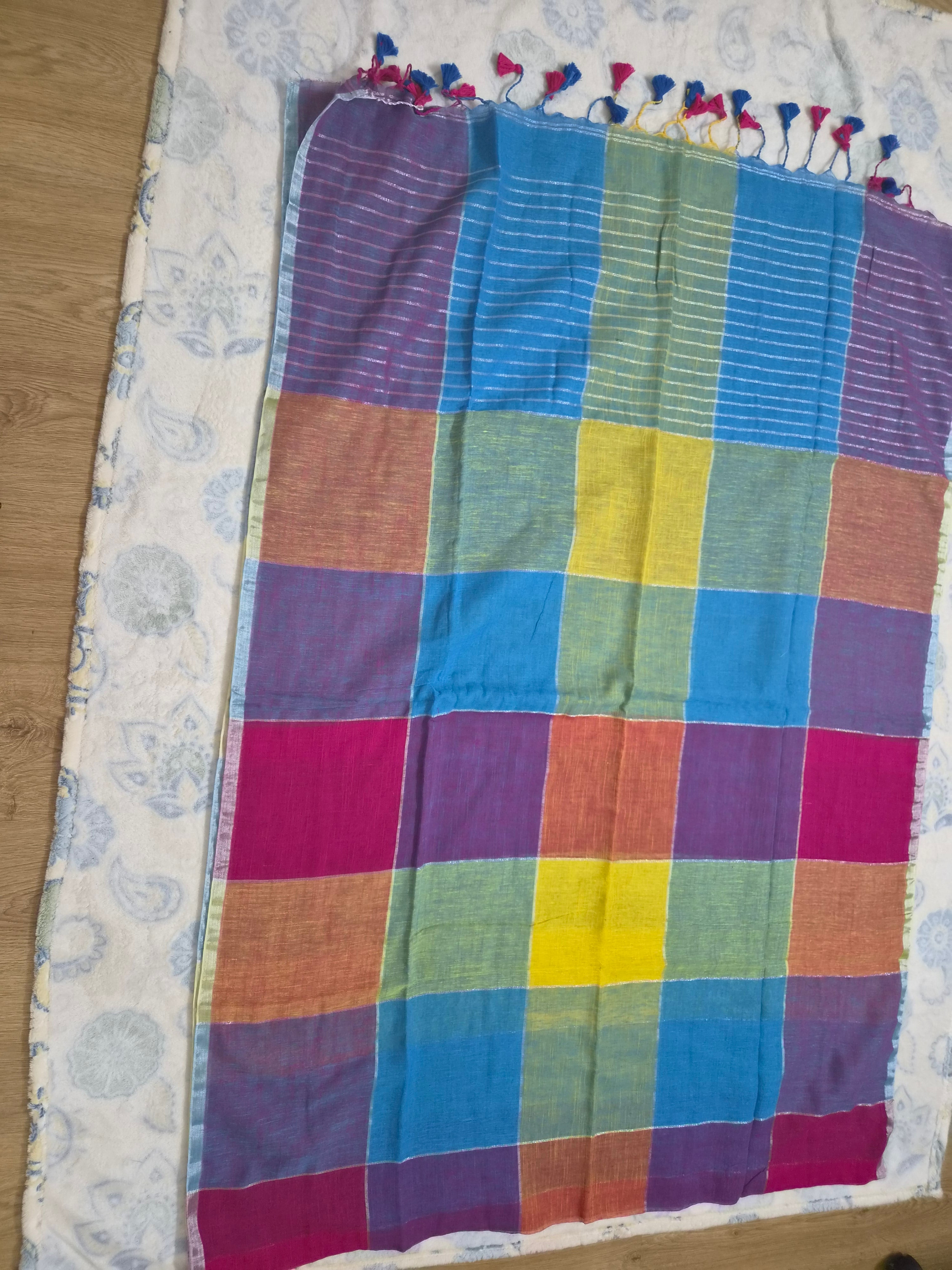 Rainbow Multi-color Linen Check Saree