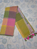 Earthy Green & Pink Linen Check Saree