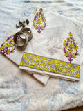 White Pure Cotton Hand Block Print Saree with Yellow Floral Border