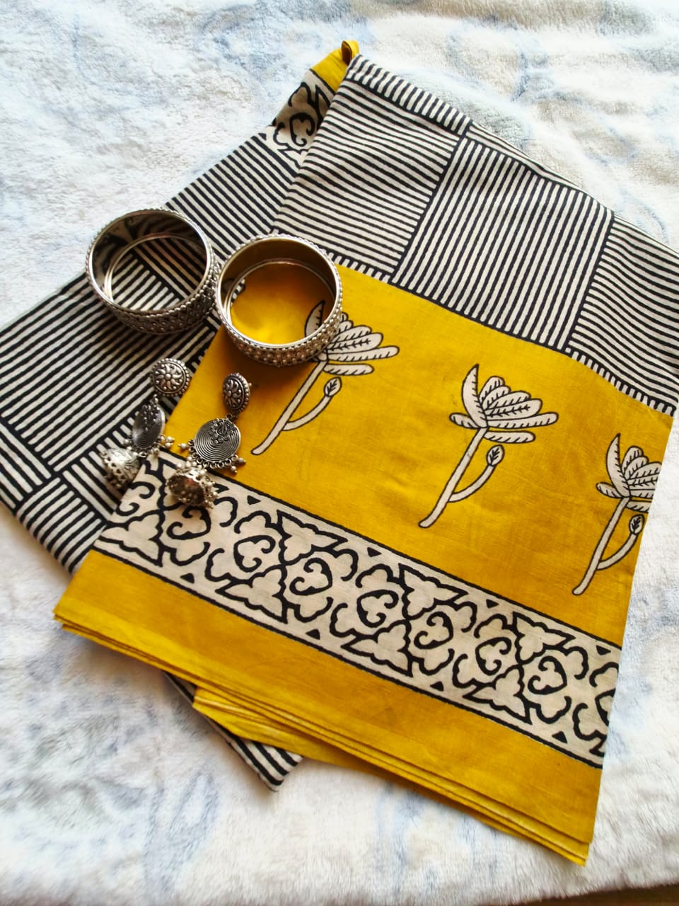 Mustard Yellow Bagru Block Print Saree