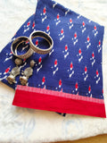 Royal Blue Ikkat Cotton Saree with Red Border