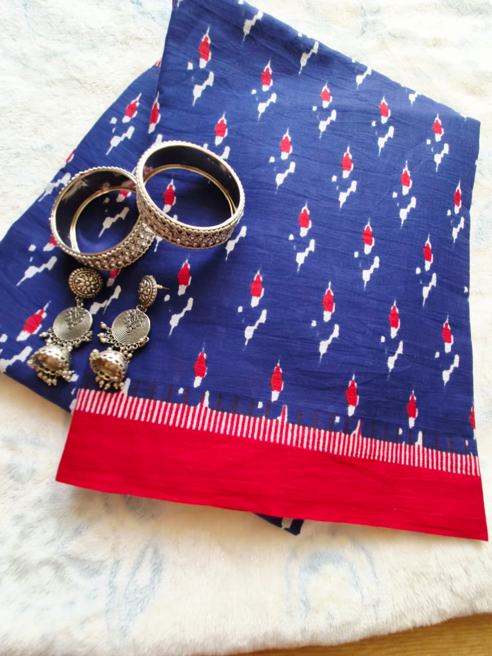 Royal Blue Ikkat Cotton Saree with Red Border