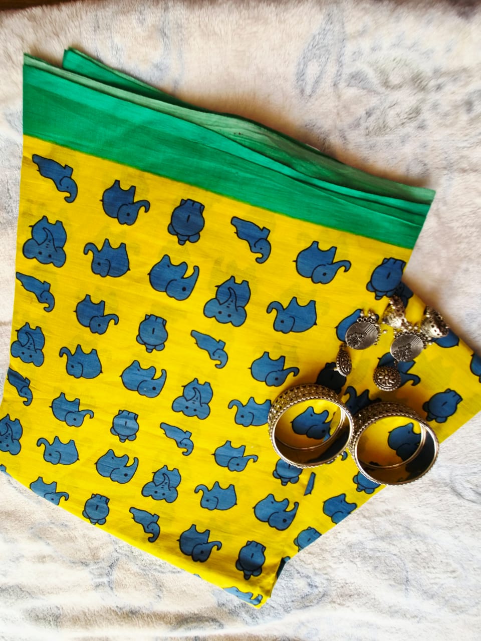 Yellow Elephant Print Saree with Green Border