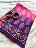 Pink-Purple Ombre Batik Leaf Print Saree