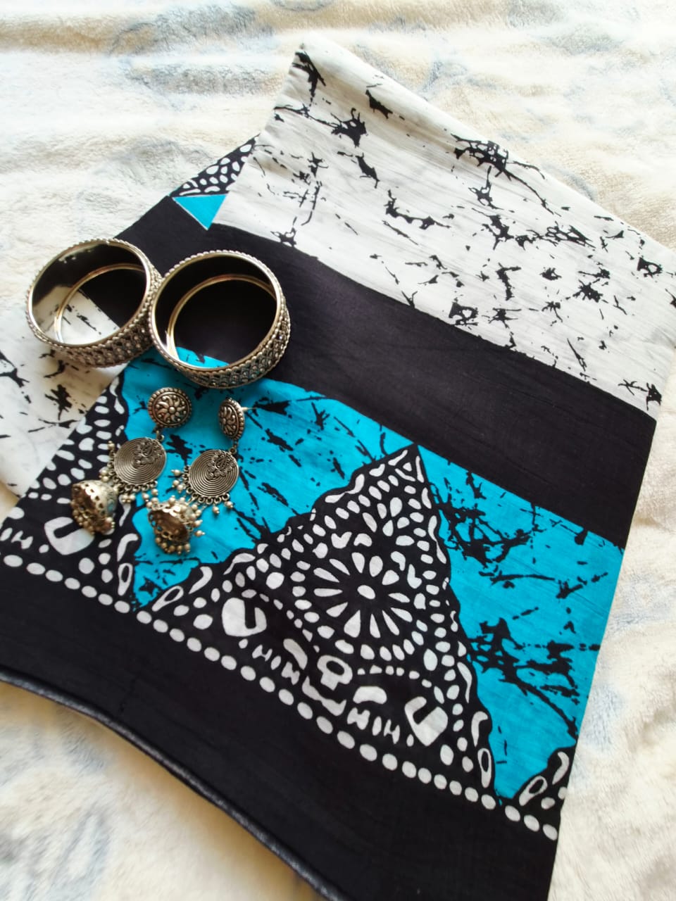 Black & White Batik Saree with Turquoise Accent