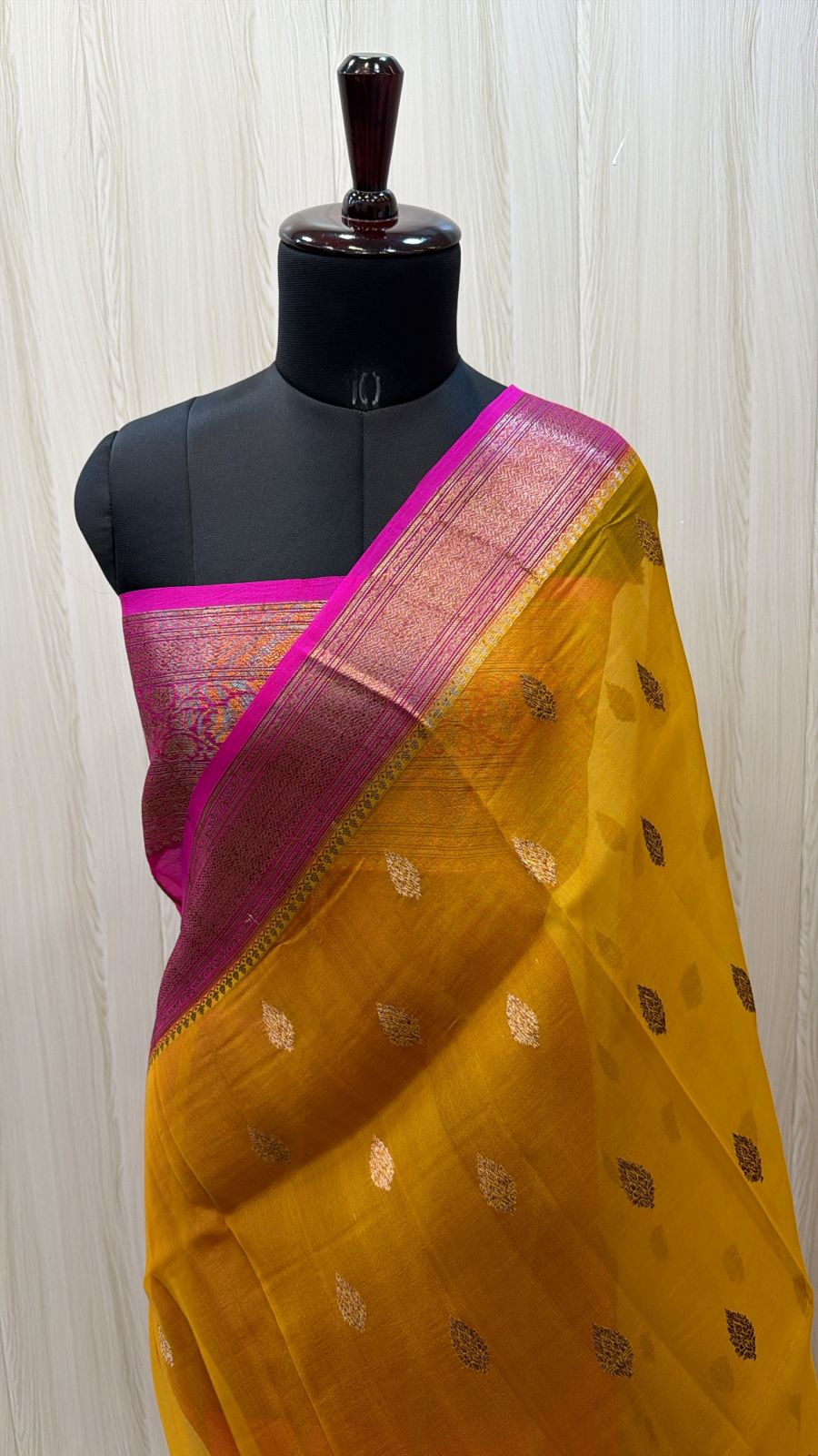 Mustard Yellow Kora Banarasi Saree with Magenta Zari Border