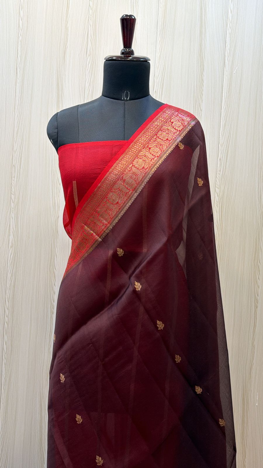Deep Brown Kora Banarasi Saree with Crimson Gold Zari