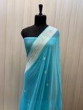 Sky Blue Banarasi Chiffon Saree with Silver Woven Border