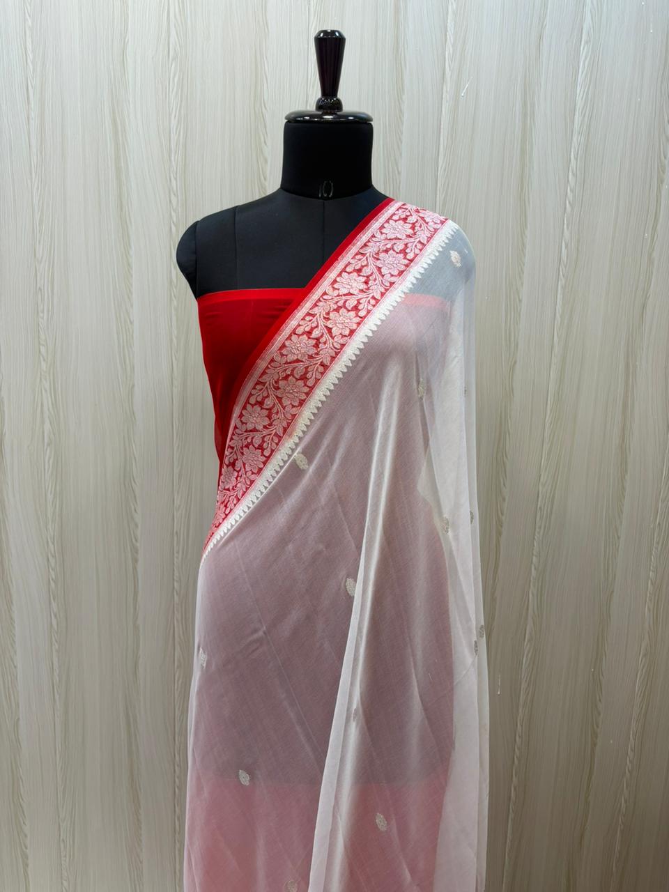 Ivory White Banarasi Chiffon Saree with Red Floral Border