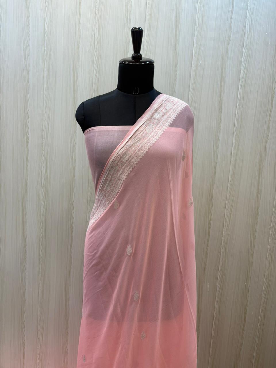 Blush Pink Banarasi Chiffon Saree with Silver Woven Border