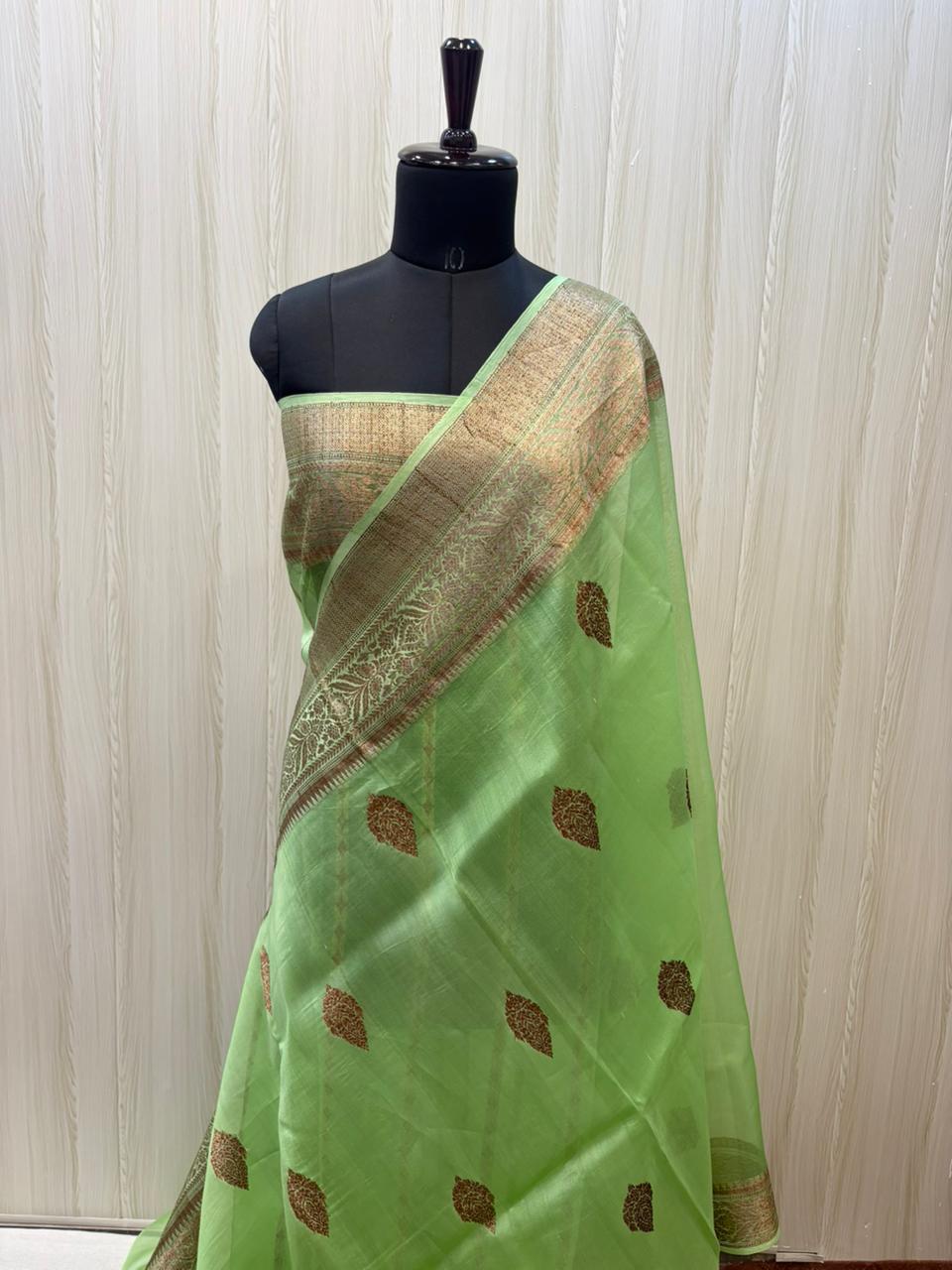 Parrot Green Kora Banarasi Saree with Antique Bronze Zari