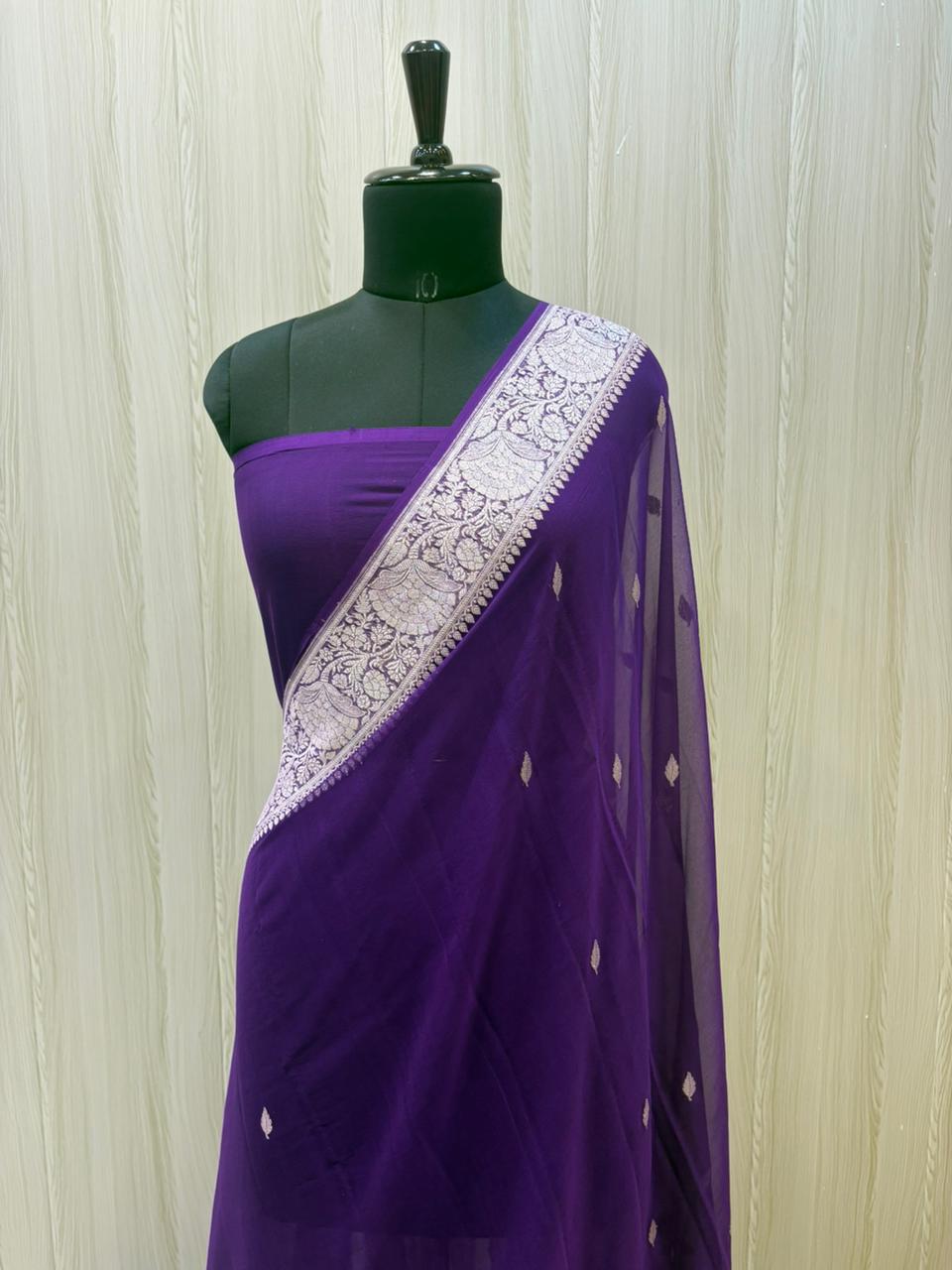 Royal Purple Banarasi Chiffon Saree with Silver Border