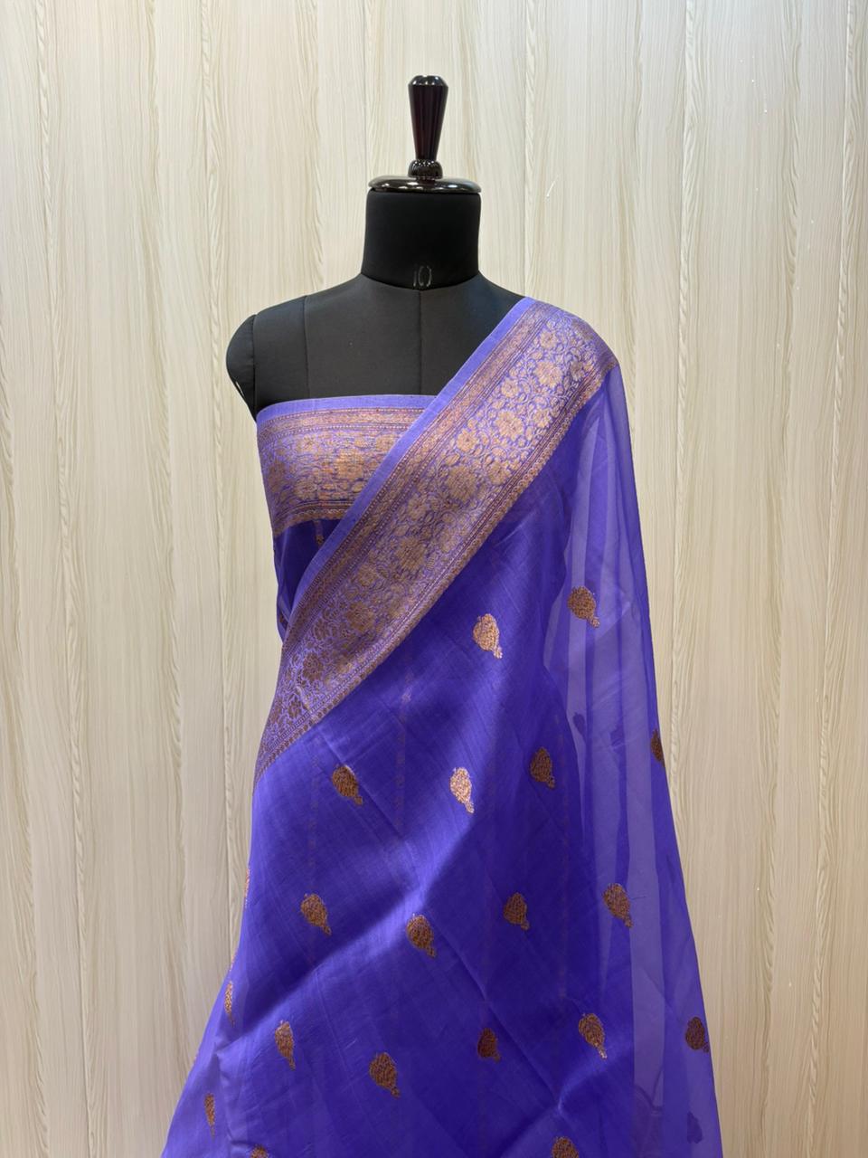Royal Blue Kora Banarasi Saree with Antique Copper Zari