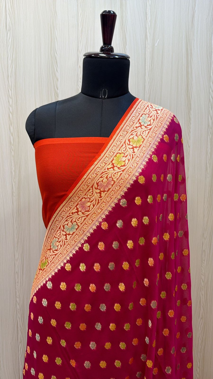 Deep Crimson Khaddi Georgette Banarasi Saree with Meenakari Buti