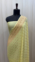 Lemon Yellow Banarasi Georgette Saree | Antique Gold Zari Buti & Floral Border